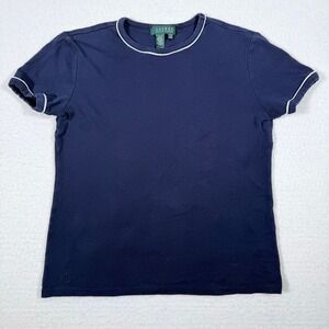 Lauren Ralph Lauren Women's Navy Blue Cotton T-Shirt White‎ Trim Small Classic